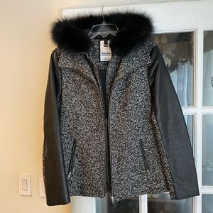 Soia and kyo szM black white tweed hooded wool blend jacket with leather insert